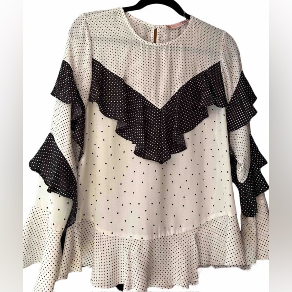 Polka Dot Ruffle Blouse - Black and White Size M